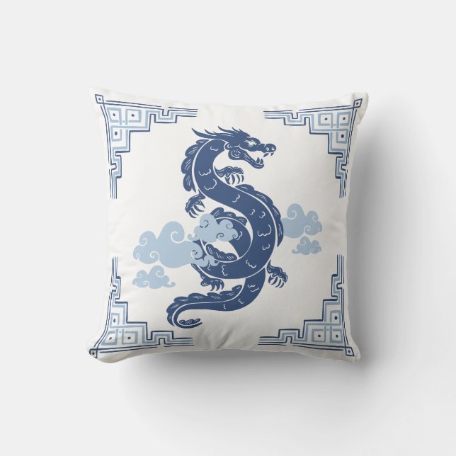 Slate Blue Chinoiserie Dragon and Clouds Throw Pillow (Front)