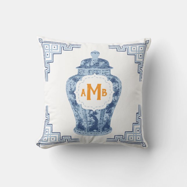 Slate Blue Chinoiserie Ginger Jar Monogram Throw Pillow (Front)