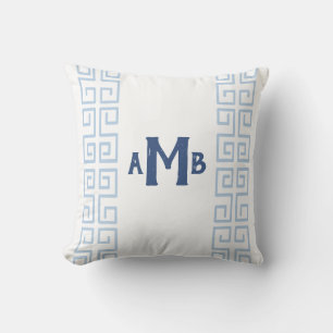 Slate Blue Chinoiserie Greek Key Stripe Monogram Throw Pillow