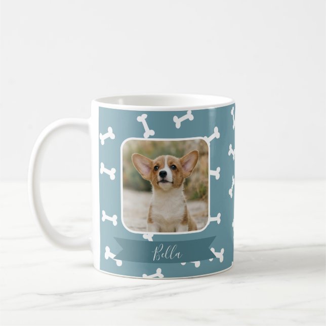 Slate Blue Dog Bone Pattern Pet Photo Coffee Mug (Left)