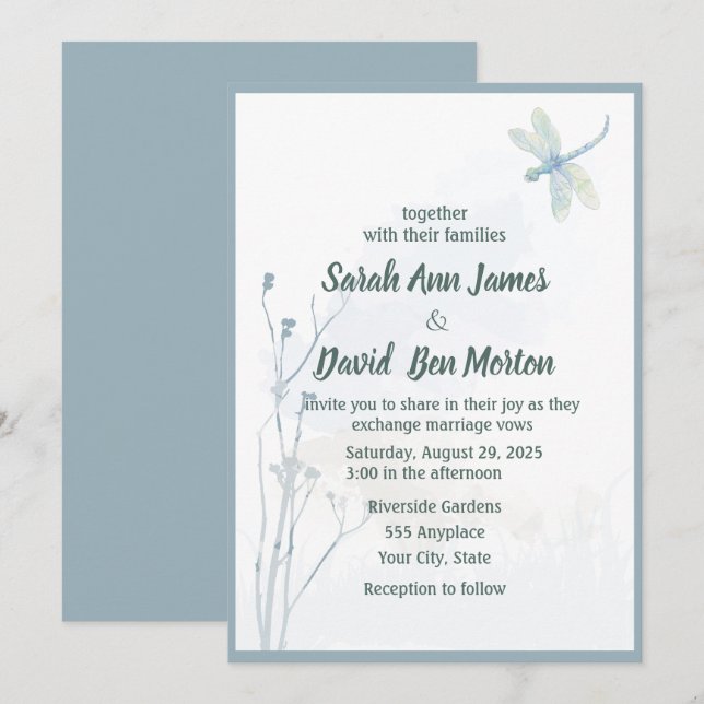 Slate Blue Dragonfly Simple Greenery Wedding Invitation (Front/Back)