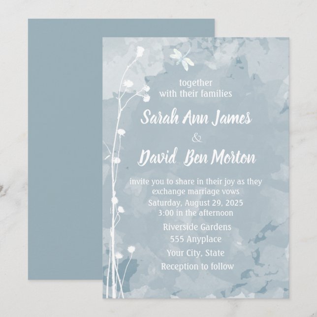 Slate Blue Dragonfly Small White Flowers Wedding Invitation (Front/Back)