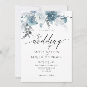 Slate Blue Dusty Pastel Floral Boho Pampas Wedding Invitation