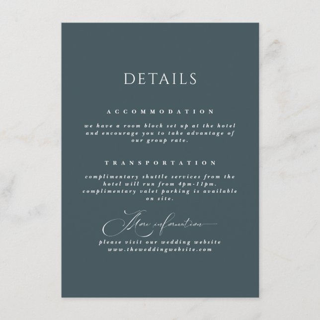 Slate Blue Elegant Calligraphy Wedding Details Enclosure Card (Front)