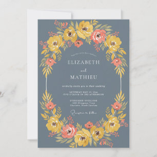 Slate Blue Floral Arch Wedding Invitation