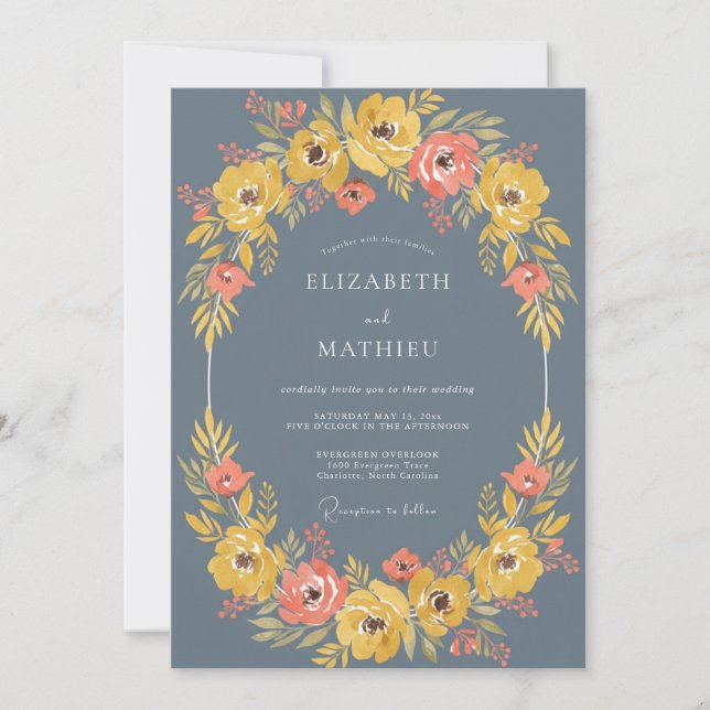 Slate Blue Floral Arch Wedding Invitation (Front)