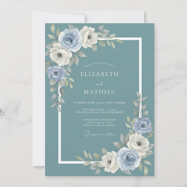 Slate Blue Floral Botanical Wedding Invitation (Front)