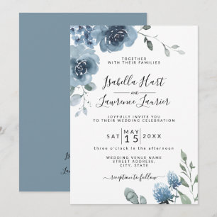 Slate Blue Floral Dusty Blue Pastel Wedding Invitation
