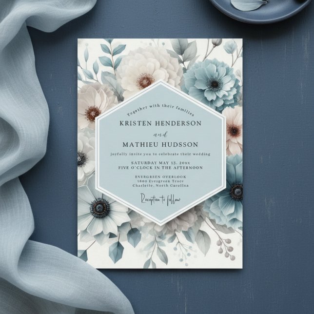 Slate Blue Floral Elegance Wedding Invitation (Creator Uploaded)