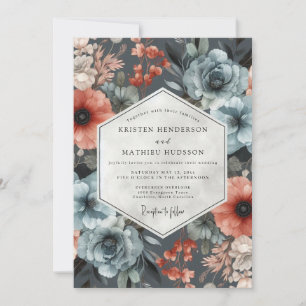 Slate Blue Floral Harvest Wedding Invitation