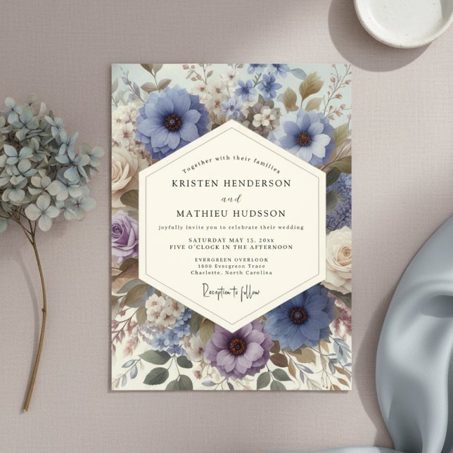 Slate Blue Floral Meadow Wedding Invitation (Creator Uploaded)