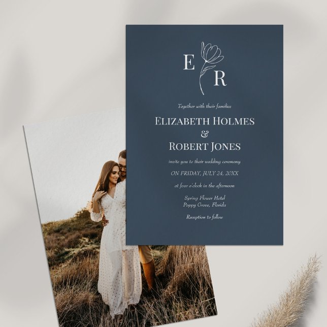 Slate Blue Floral Monogram Custom Photo Wedding  Invitation (Slate Blue Floral Monogram Custom Photo Wedding Invitation on white tabel with dry wildflower.)