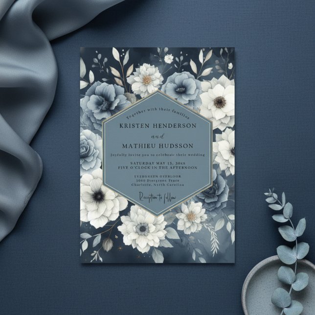 Slate Blue Floral Moody Wedding Invitation (Creator Uploaded)