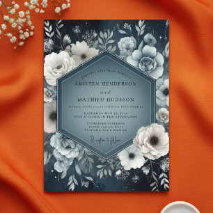 Slate Blue Floral Nightfall Wedding Invitation