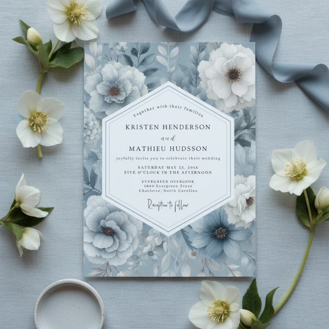 Slate Blue Floral Opulent Wedding Invitation (Creator Uploaded)