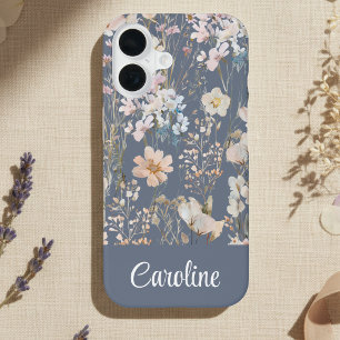 Slate Blue Floral Personalized iPhone 16 Case