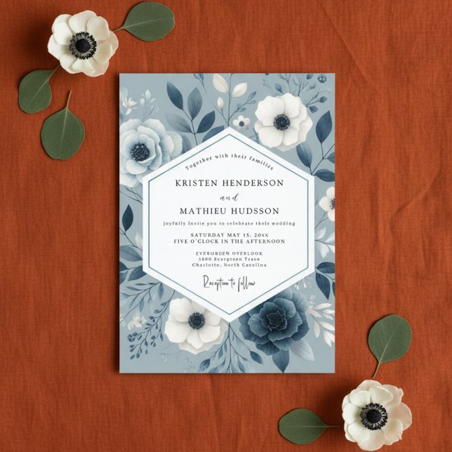 Slate Blue Floral Romance Wedding Invitation (Creator Uploaded)