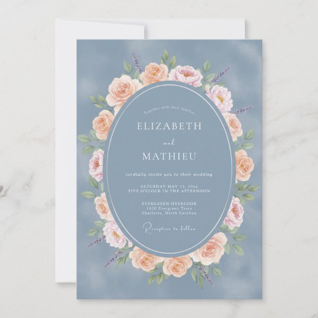 Slate Blue Floral Romance Wedding Invitation (Front)