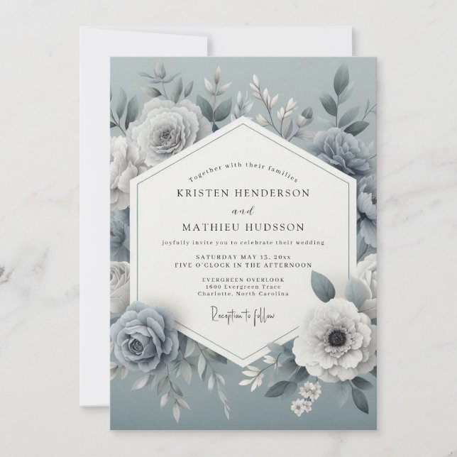 Slate Blue Floral Romantic Wedding Invitation (Front)
