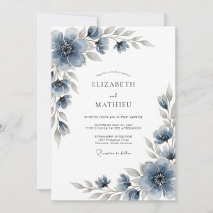 Slate Blue Floral Romantic Wedding Invitation
