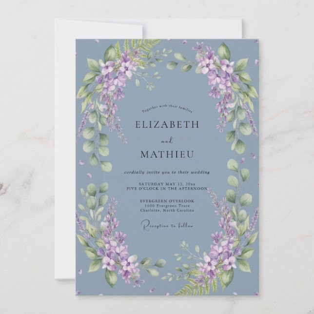 Slate Blue Floral Whimsical Wedding Invitation (Front)
