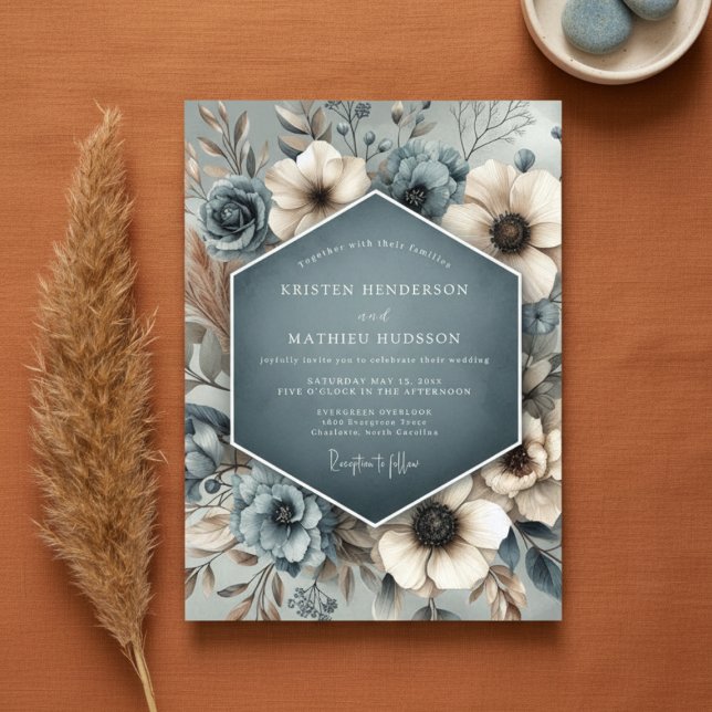 Slate Blue Floral Whimsy Wedding Invitation (Creator Uploaded)