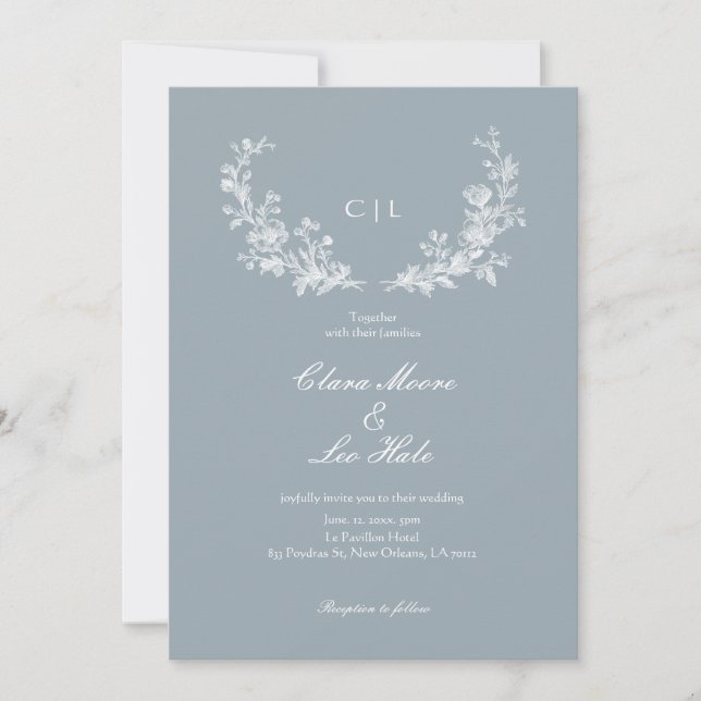 Slate Blue French Country Wedding Invitation (Front)
