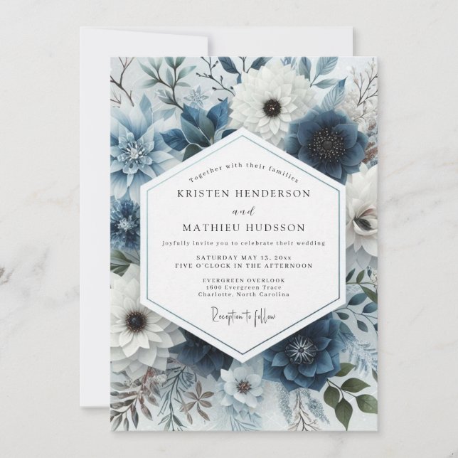 Slate Blue Frosted Flora Wedding Invitation (Front)