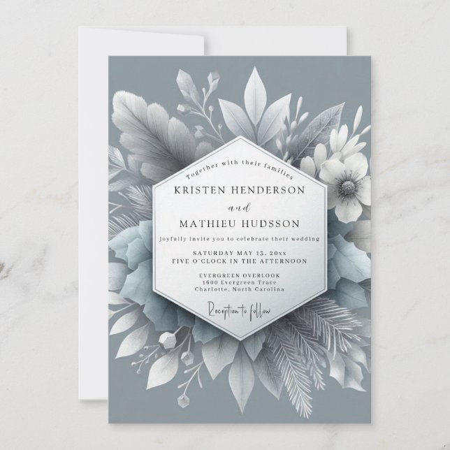 Slate Blue Frosty Flora Wedding Invitation (Front)