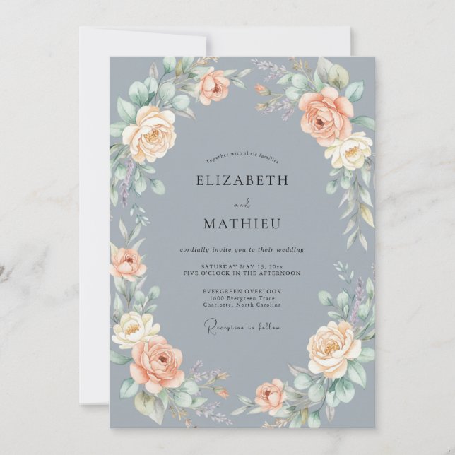 Slate Blue Graceful Rose Wedding Invitation (Front)