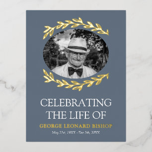 Slate Blue Greenery Frame Oval Photo Funeral Gold Foil Invitation Postcard