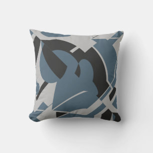 Slate Blue Grey Black Bold Swirling Abstract Motif Throw Pillow