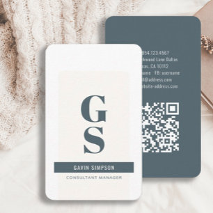 Slate Blue Ivory Minimalist Modern Initial QR Code Business Card