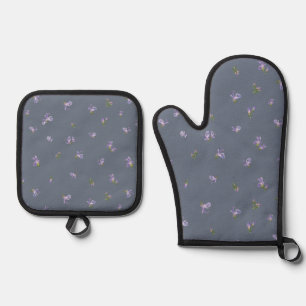 Slate Blue Japanese Rosemary Floral Pattern Oven Mitt & Pot Holder Set