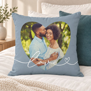 Slate Blue Love Script Heart Photo Throw Pillow