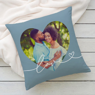 Slate Blue Love Script Heart Photo Throw Pillow
