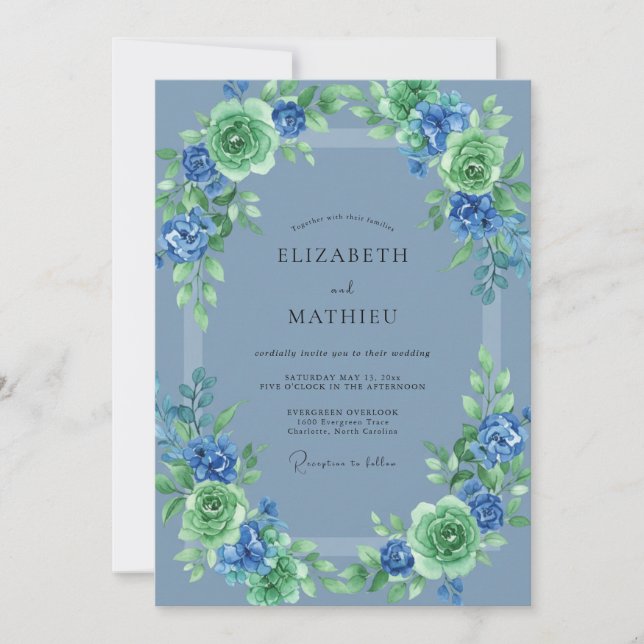 Slate Blue Lush Botanical Wedding Invitation (Front)