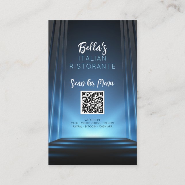 Slate Blue Menu Restaurant QR Code Business Sign Business Card (Front)