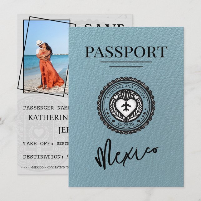 Slate Blue Mexico Passport Save The Date (Front/Back)
