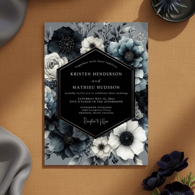 Slate Blue Midnight Bloom Wedding Invitation (Creator Uploaded)