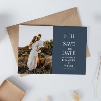 Slate Blue Monogram Custom Photo Save the Date Invitation