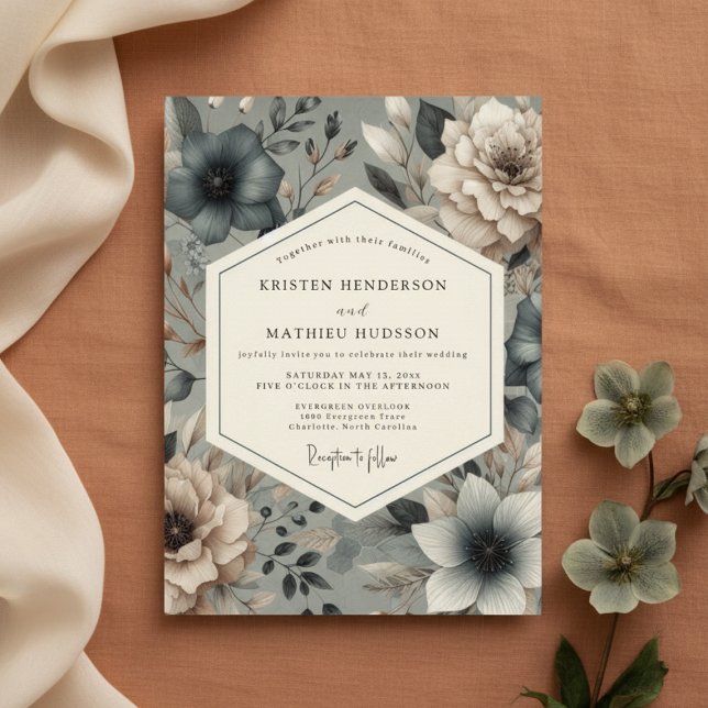 Slate Blue Moody Bloom Wedding Invitation (Creator Uploaded)