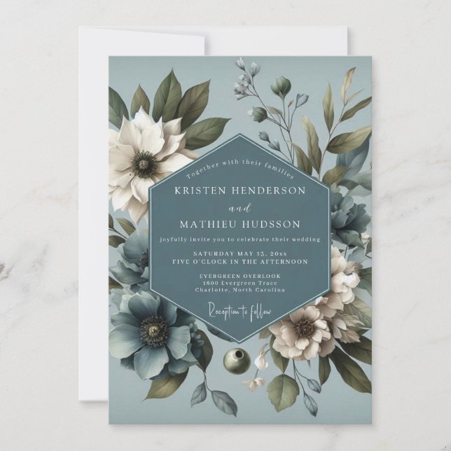 Slate Blue Moody Botanical Wedding Invitation (Front)