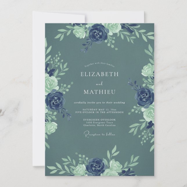 Slate Blue Navy Botanical Wedding Invitation (Front)