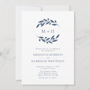 Slate Blue Olive Branch Monogram Wreath Wedding Invitation