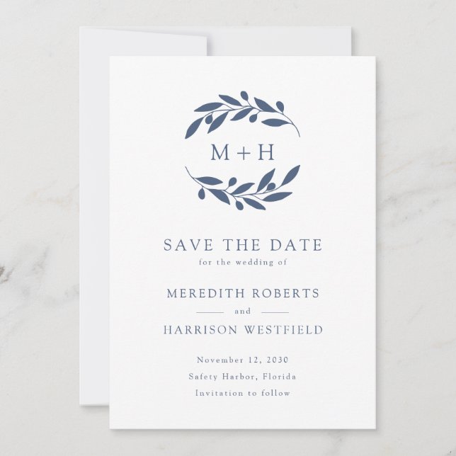 Slate Blue Olive Branch Monogram Wreath Wedding Save The Date (Front)