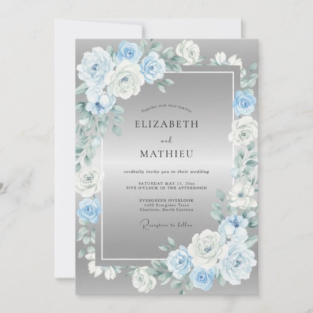 Slate Blue Opulent Bloom Wedding Invitation (Front)