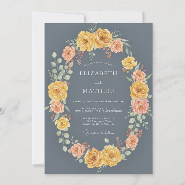 Slate Blue Painterly Arch Flourish Wedding Invitation (Front)