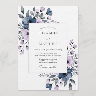 Slate Blue Painterly Flora Wedding Invitation