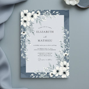 Slate Blue Painterly Floral Wedding Invitation